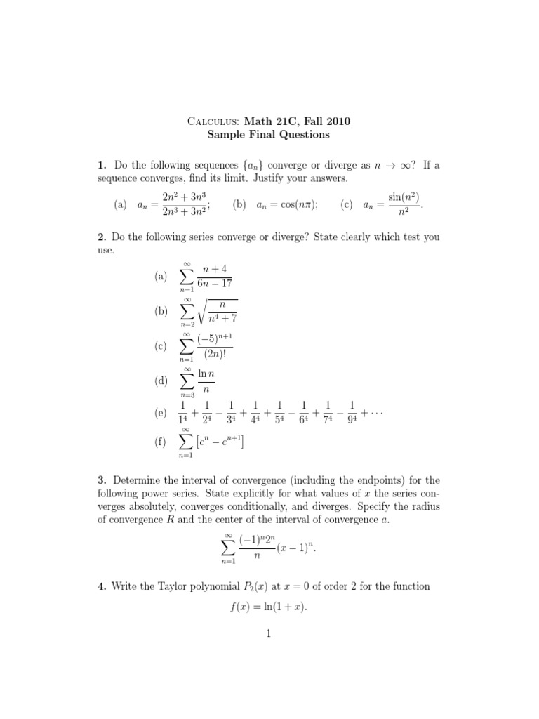 Calculus Final Exam Sample Questions | PDF | Teaching Methods ...