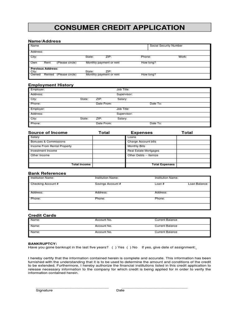 Consumer Credit Application | PDF
