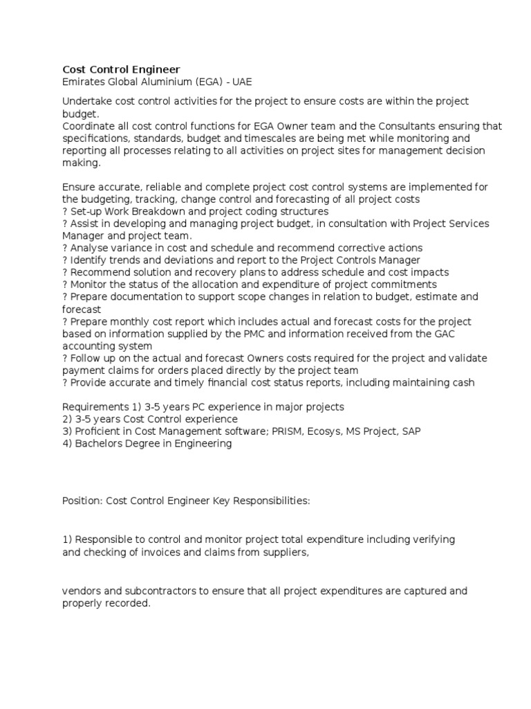 Cost Control Engineer Responsibilities Cost Accounting Project