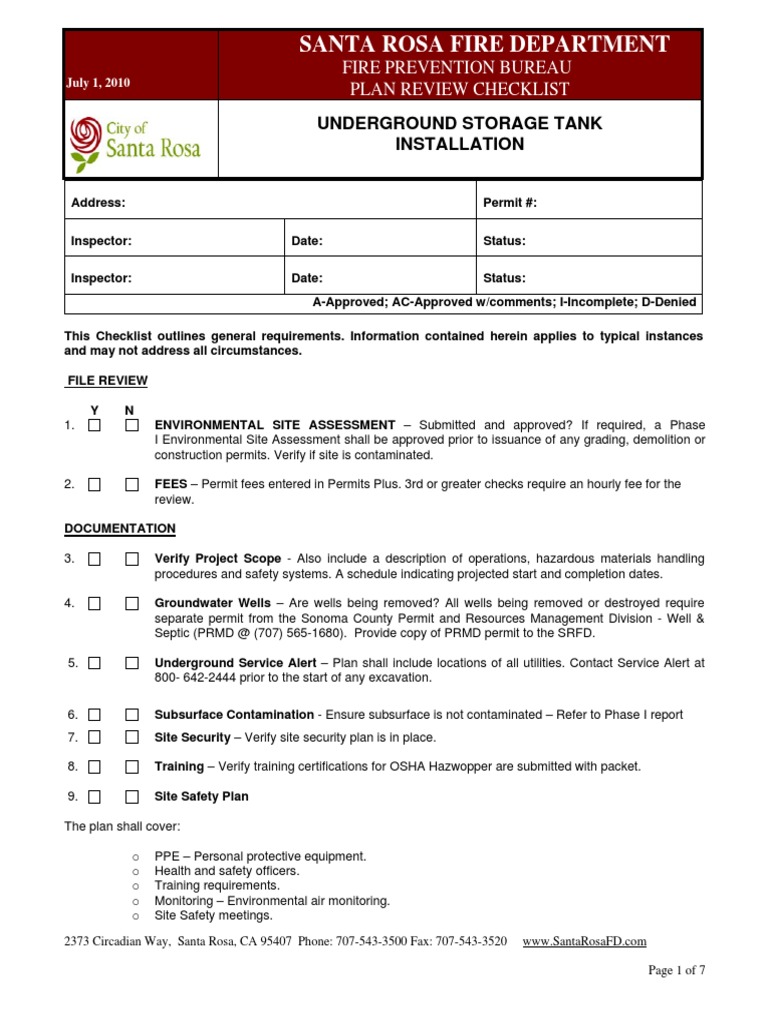 Underground Storage Tank UST Installation Plan Review Checklist