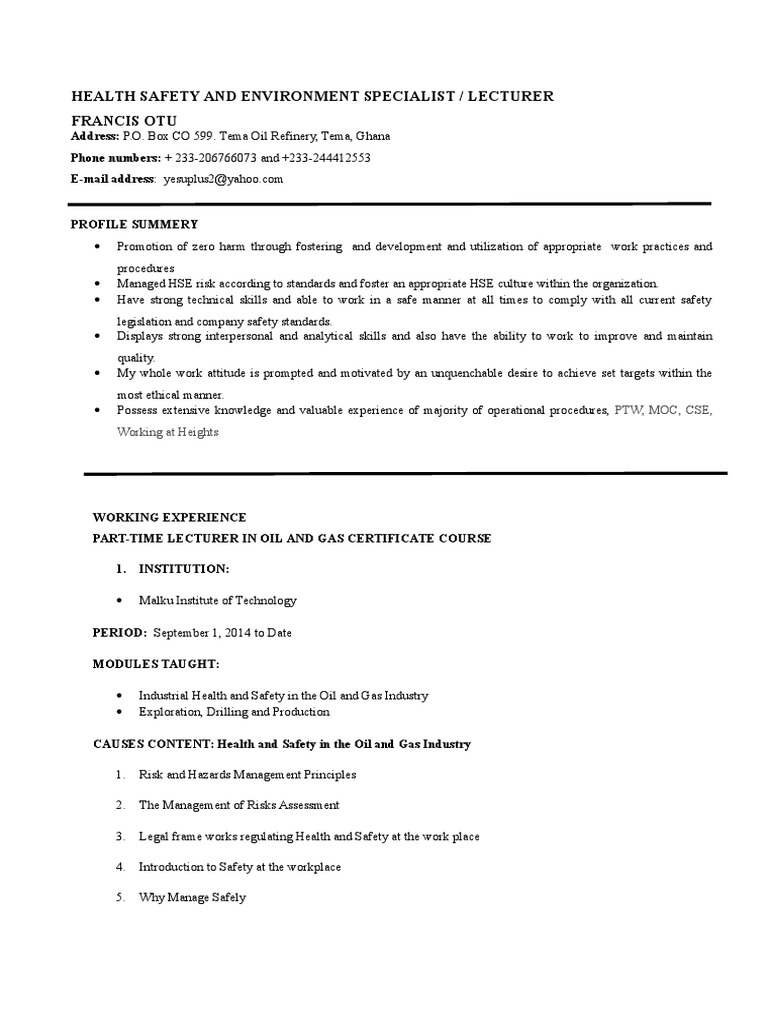 Health Safety and Environment Specialist CV | PDF | Occupational Safety ...