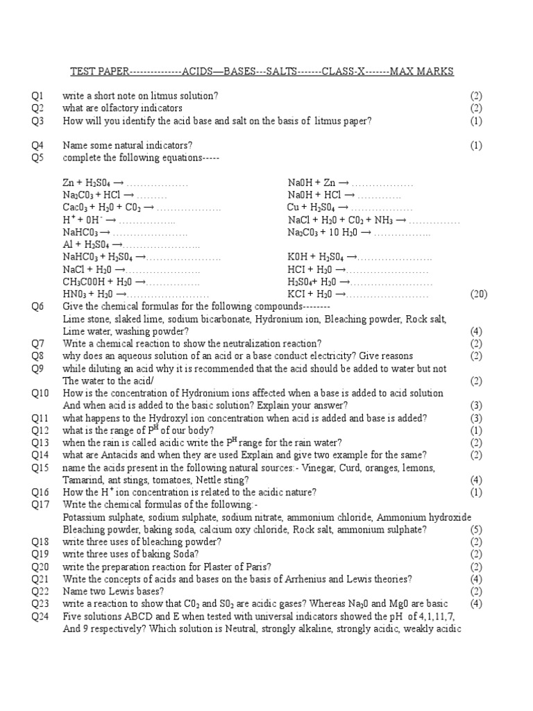 Class X Acids, Bases, and Salts Test Paper | PDF | Acid | Molecules