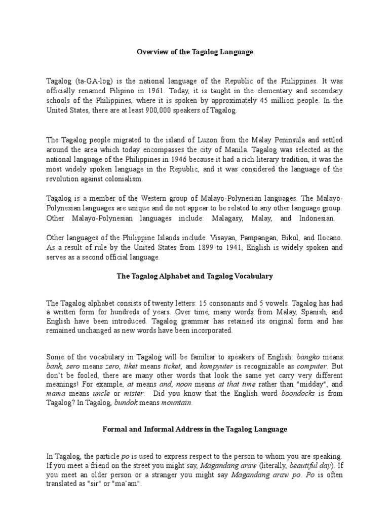 Overview of The Tagalog Language PDF Tagalog Language Grammatical