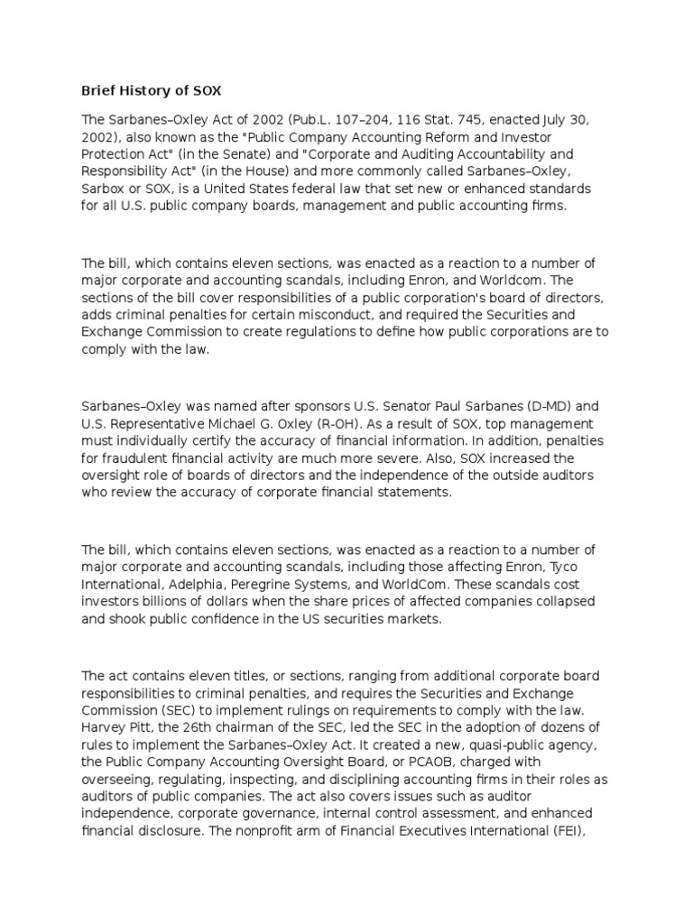 Brief History of SOX PDF SarbanesOxley Act Companies