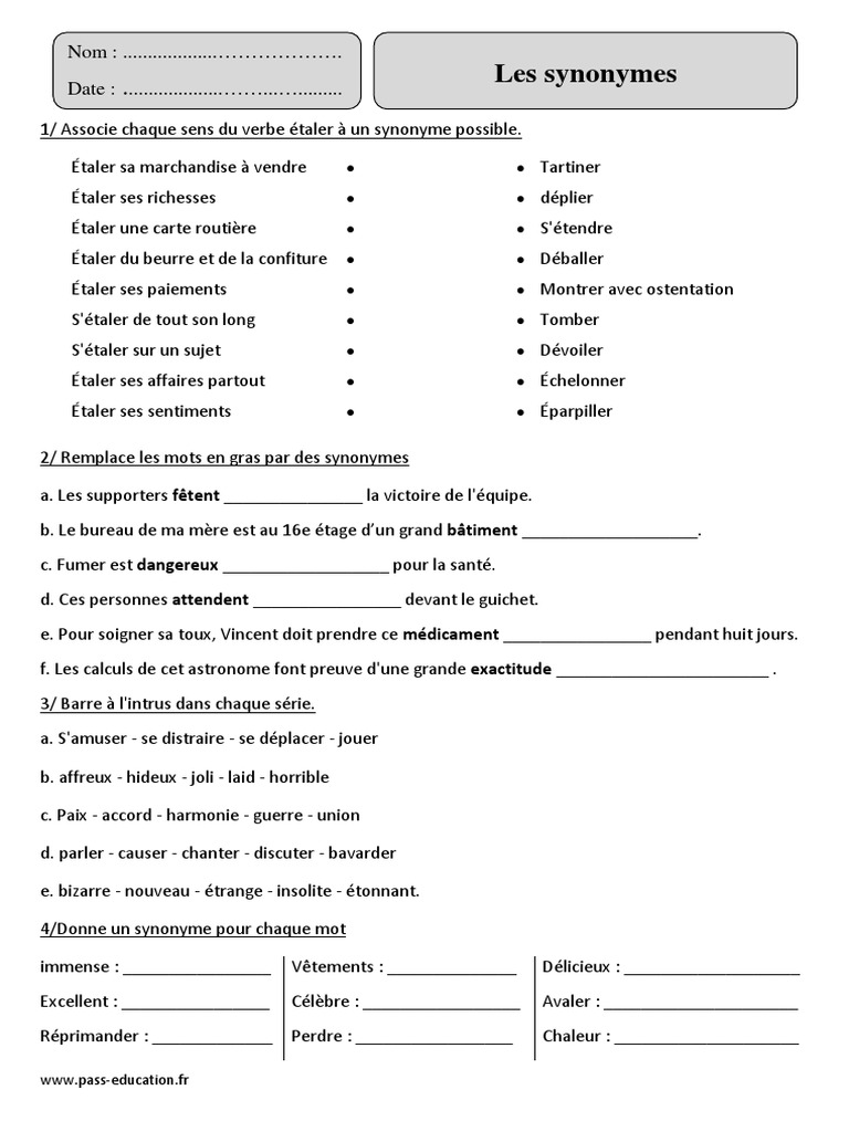 Exercice Cm2 à Imprimer Avec Correction Pdf Synonymes - Cm2 - Fiche D'exercices Avec Correction | PDF