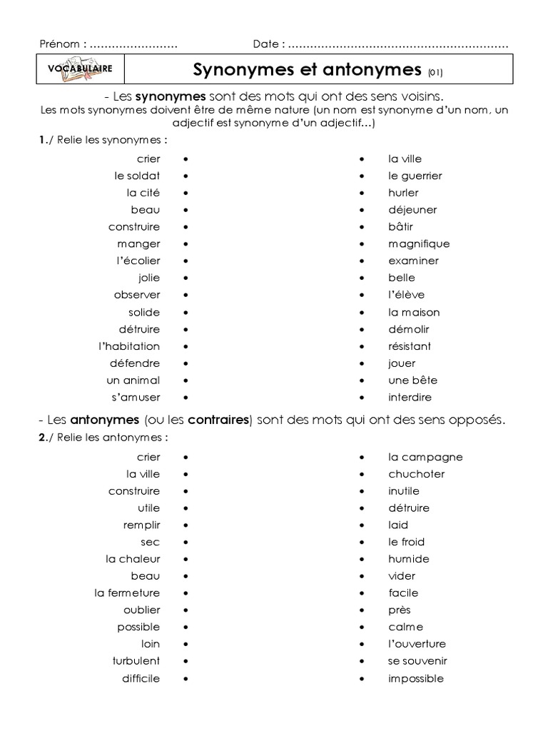 Synonyme Et Antonyme Exercice Pdf Synonymes Et Antonymes 01 | PDF