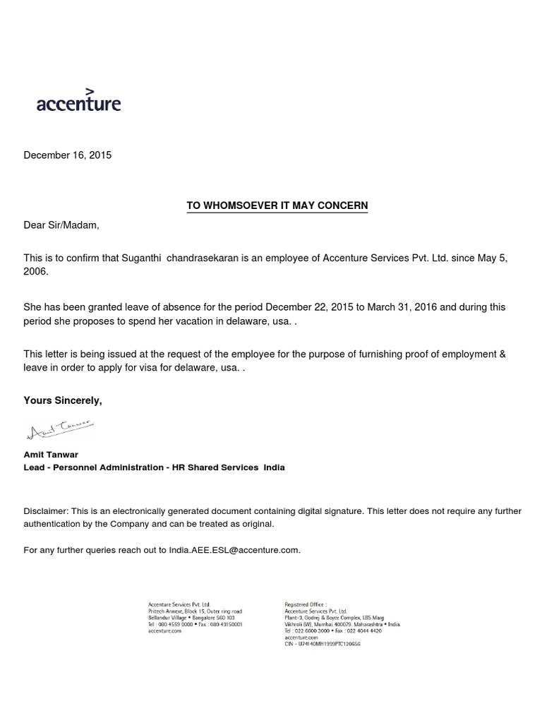 Accenture Leave of Absence Confirmation | PDF