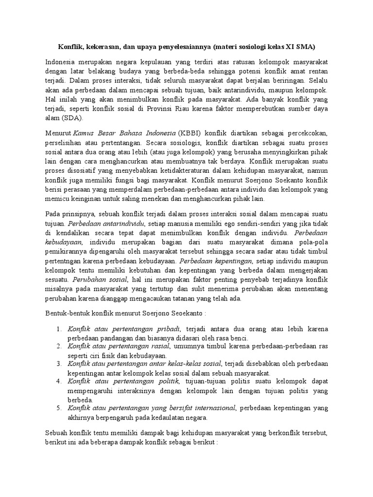 Konflik Kekerasan Dan Upaya Penyelesaiannya Materi Sosiologi Kelas Xi