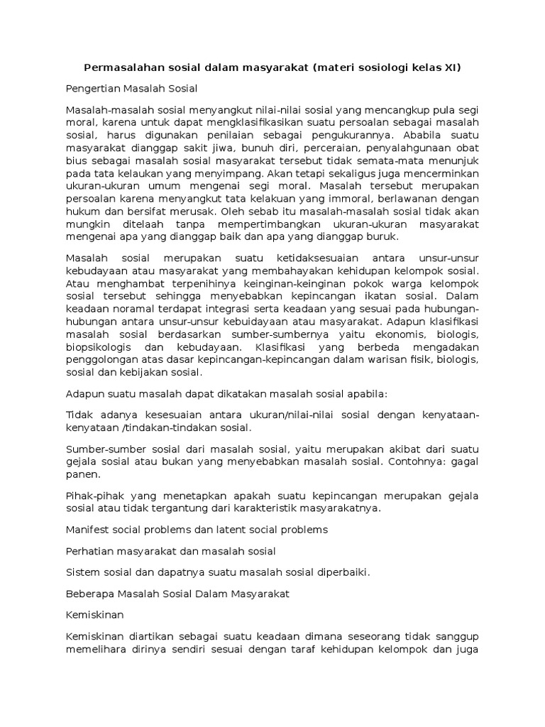 Permasalahan Sosial Dalam Masyarakat Materi Sosiologi Kelas Xi