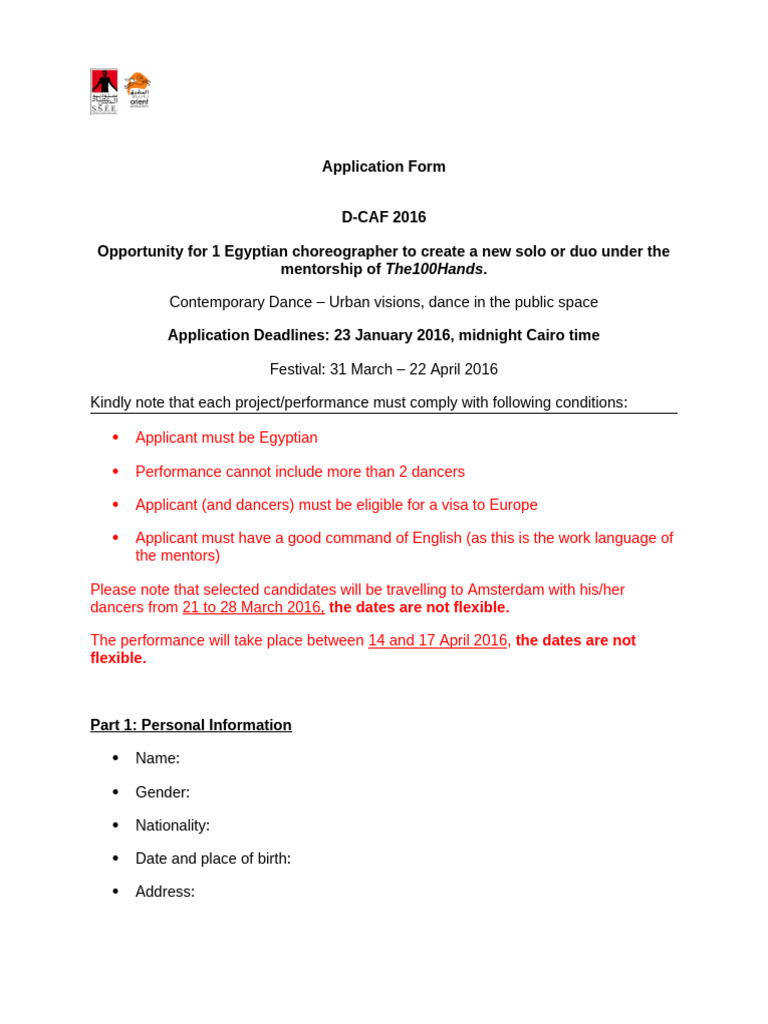 Call For Choreographers Application Form | PDF | Mentorship | Dances