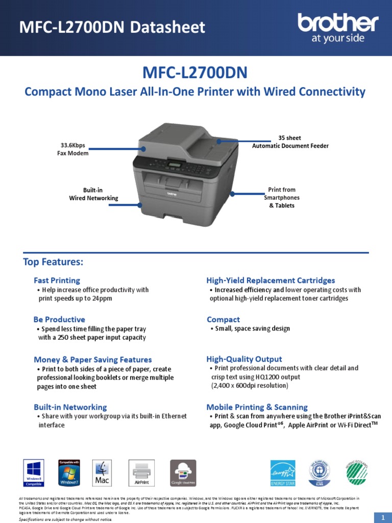 Brother MFC-L2700DN Datasheet | PDF | Fax | Microsoft Windows