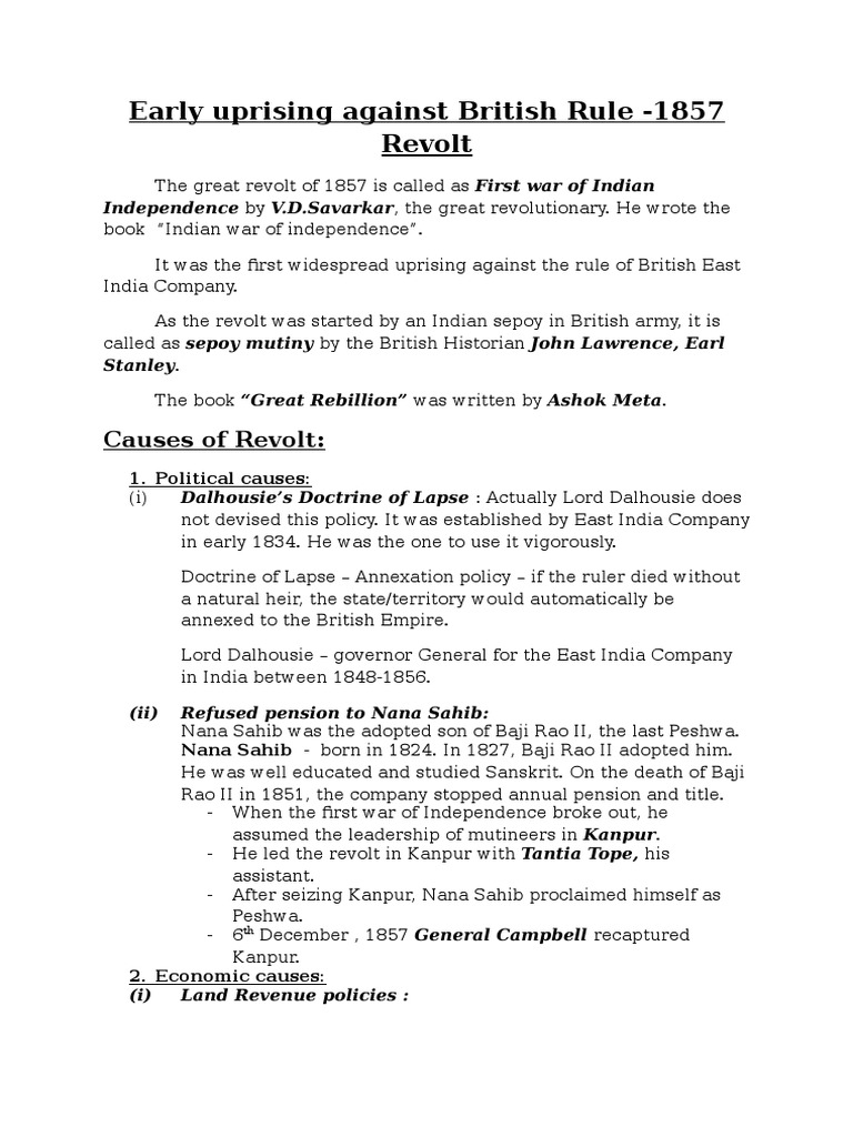 Early Uprising Against British Rule - 1857 Revolt | PDF | Indian ...