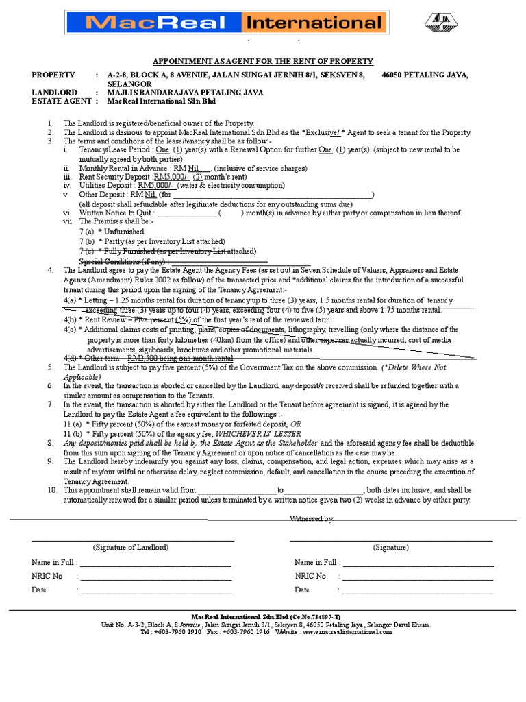 letter of appointment for rent leasehold estate renting