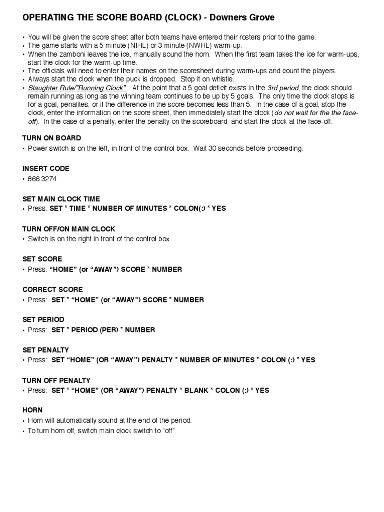 Downers Grove Scoreboard Directions PDF Ice Sports Variations Of