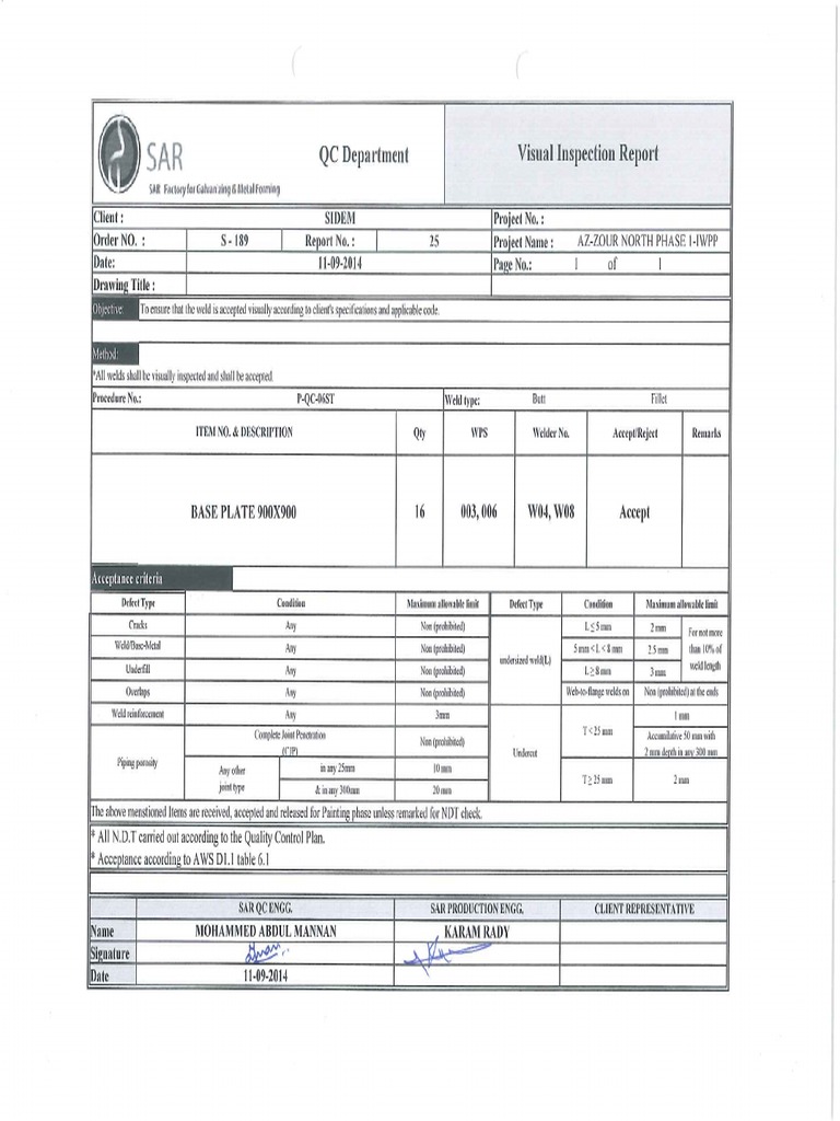 Visual Inspection Report Steel Structures