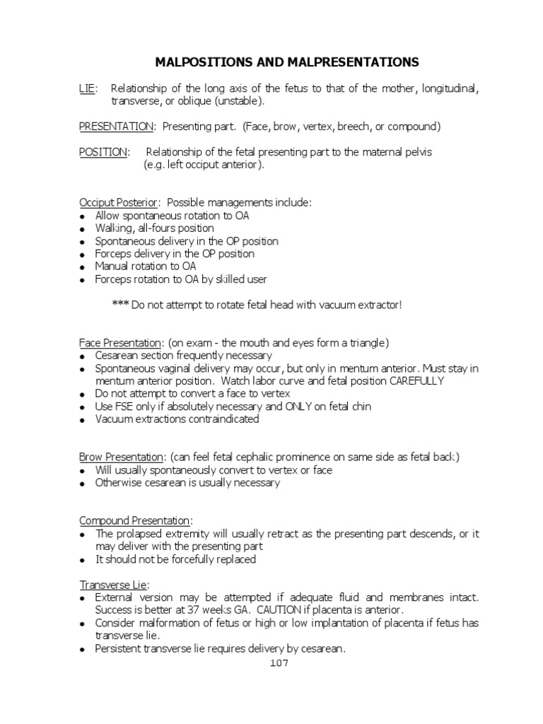Malpositions and Malpresentations | PDF