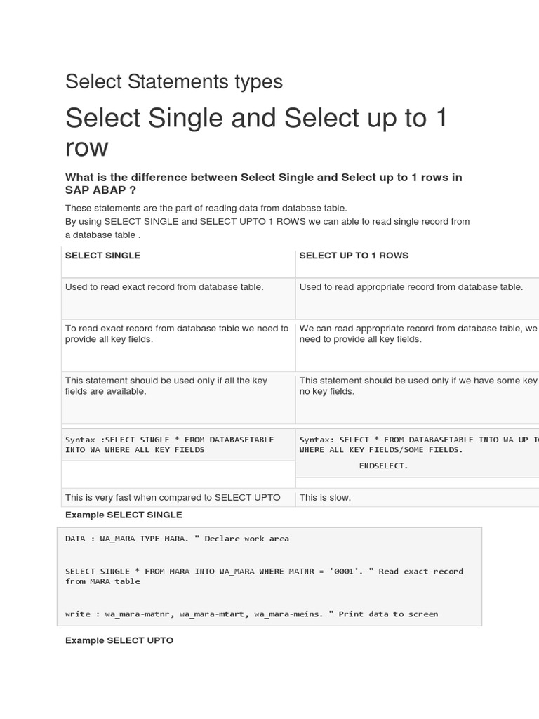 Differences in ABAP Select Statements | PDF | Table (Database) | Databases