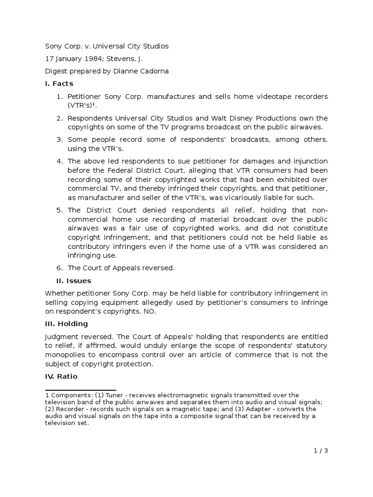 Sony Corp. v. Universal City Studios Download Free PDF Copyright