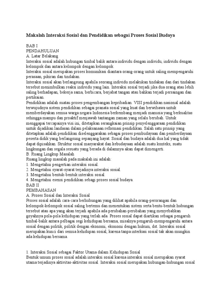 Makalah Interaksi Sosial Dan Pendidikan Sebagai Proses Sosial Budaya