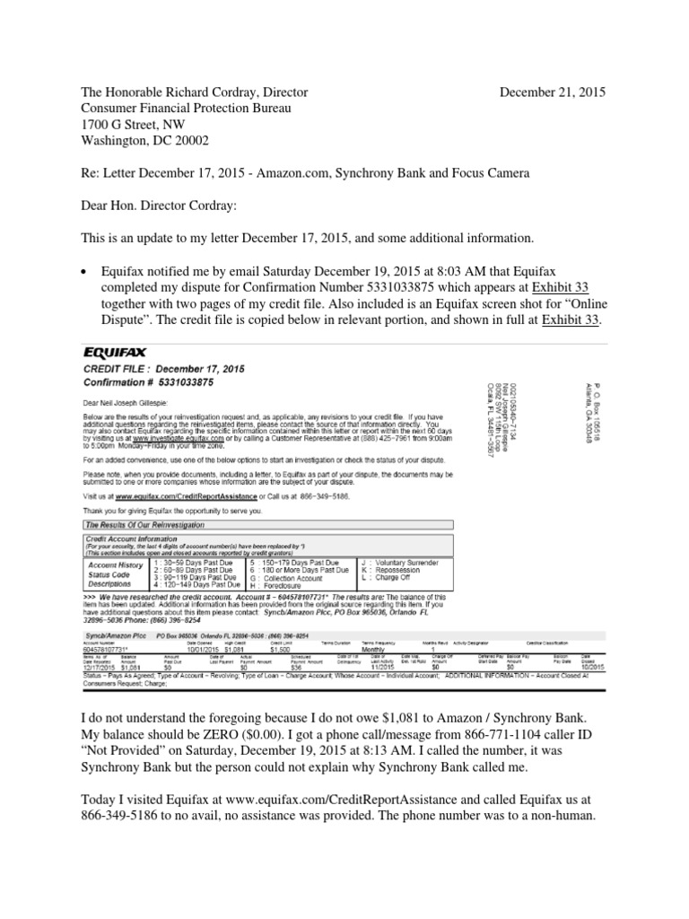 update to cfpb complaint re amazon synchrony bank and