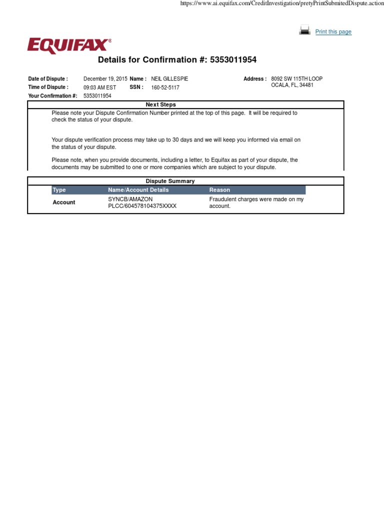 Equifax Online Dispute 5353011954 Synchrony Bank Amazon.com ... - 