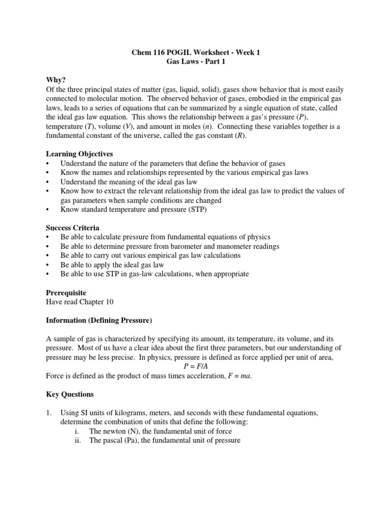 Chemistry Gas Laws Exercises PDF Gases Pressure
