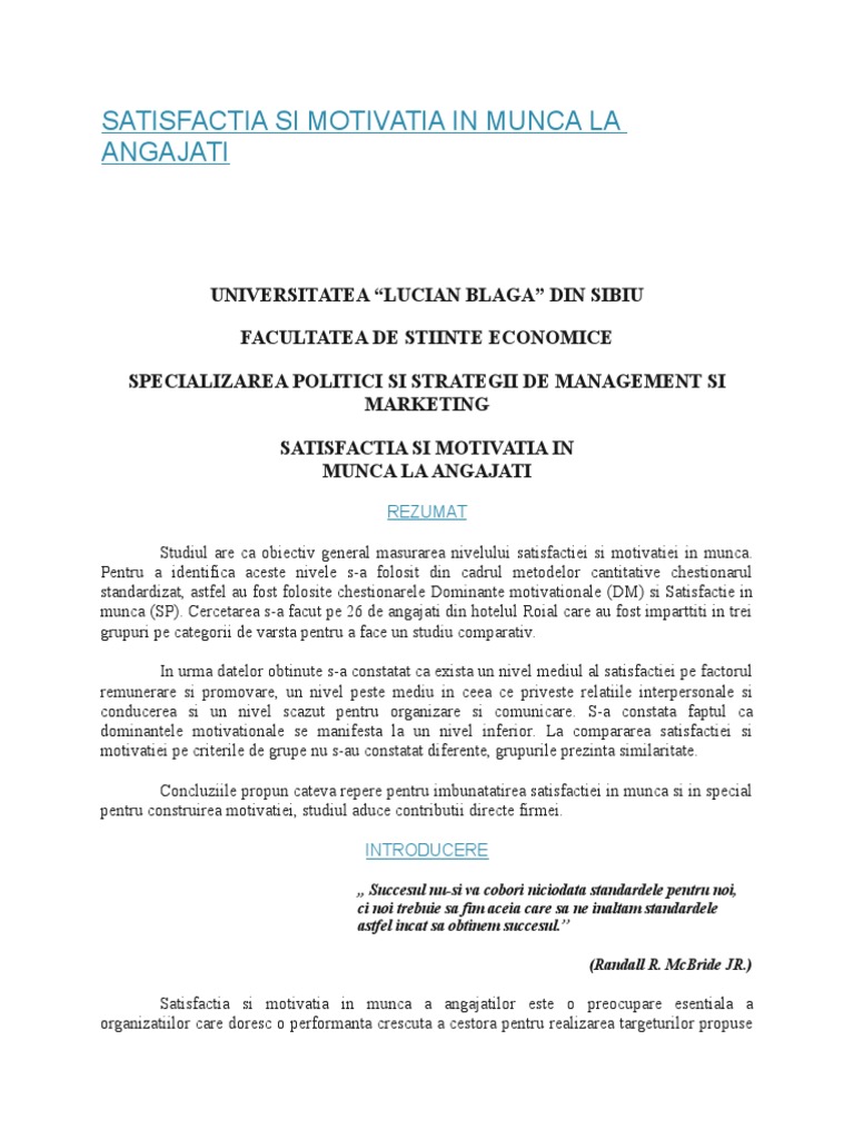 Satisfactia Si Motivatia In Munca La Angajati
