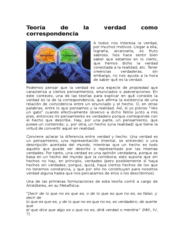 Teoria de La Verdad Como Correspondencia | PDF | Verdad | Evidencia