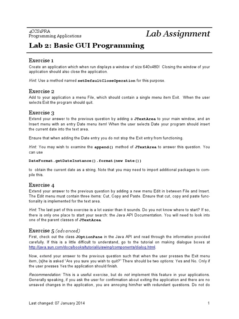 02 Basic GUI Programming - Lab | PDF | Java (Programming Language ...