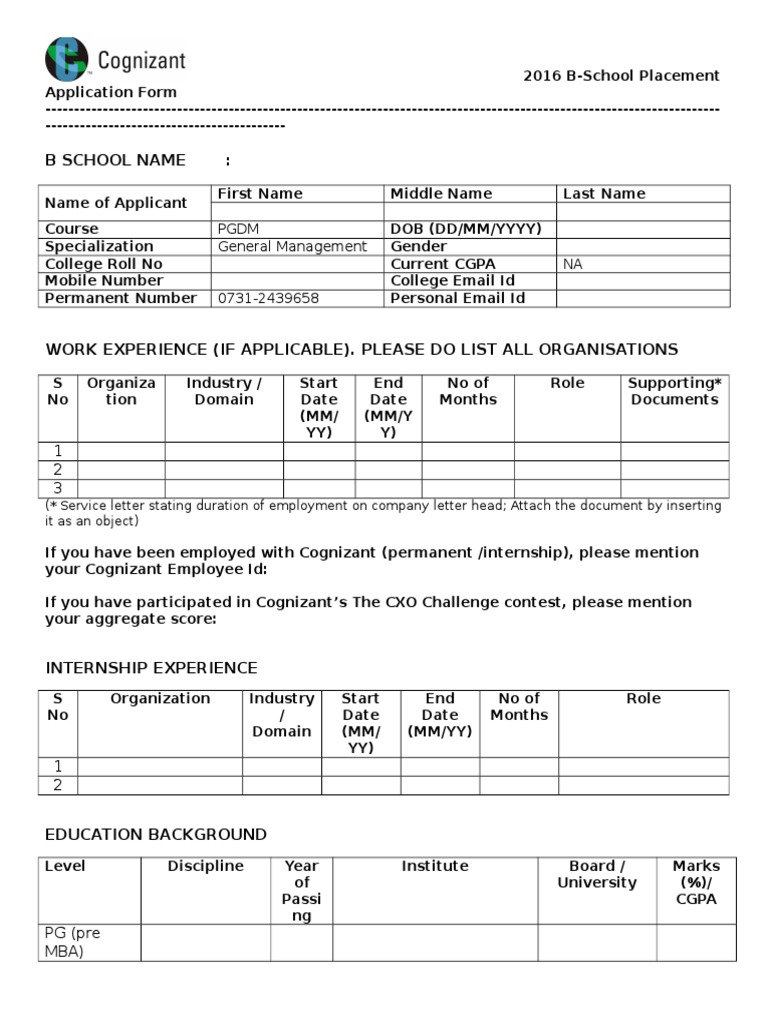 B-School Placement Application Form 2016 | PDF