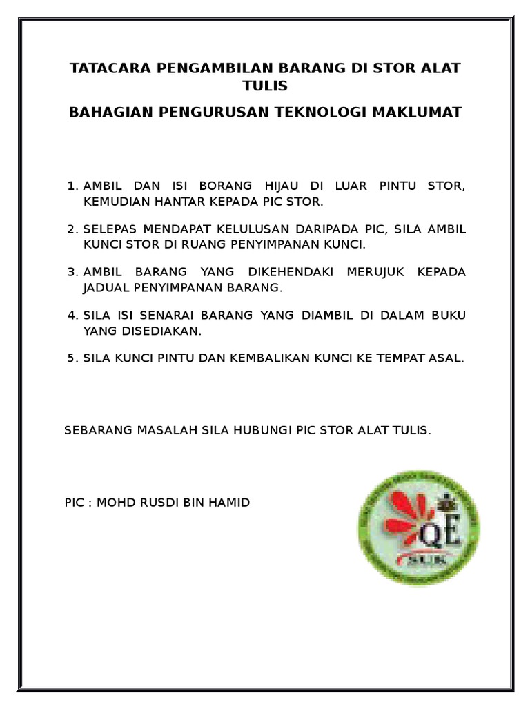 Contoh Borang Pengambilan Alat Tulis