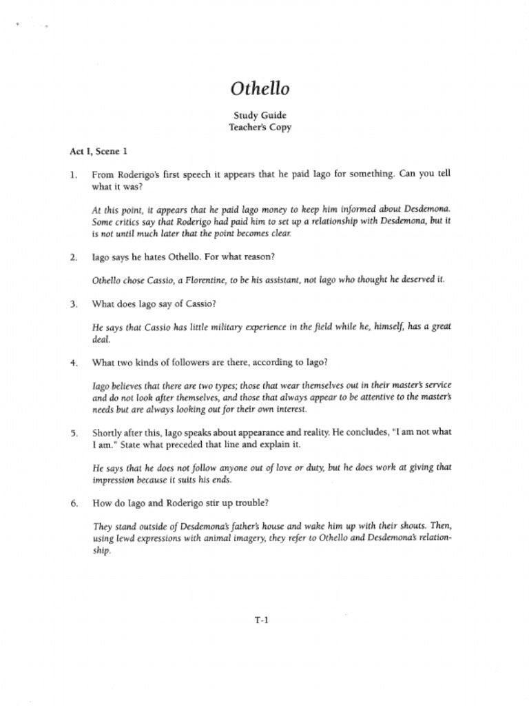 Othello Study Guide Answers | PDF