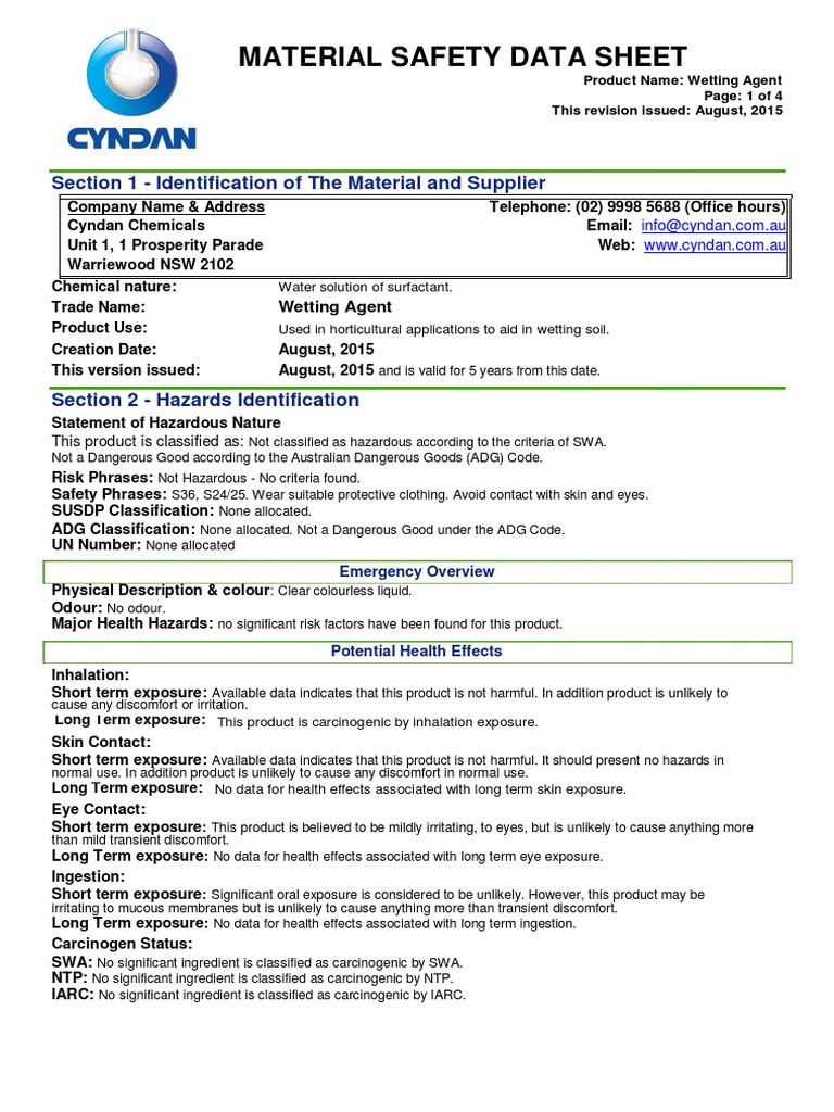Wetting Agent MSDS Safety Chemistry