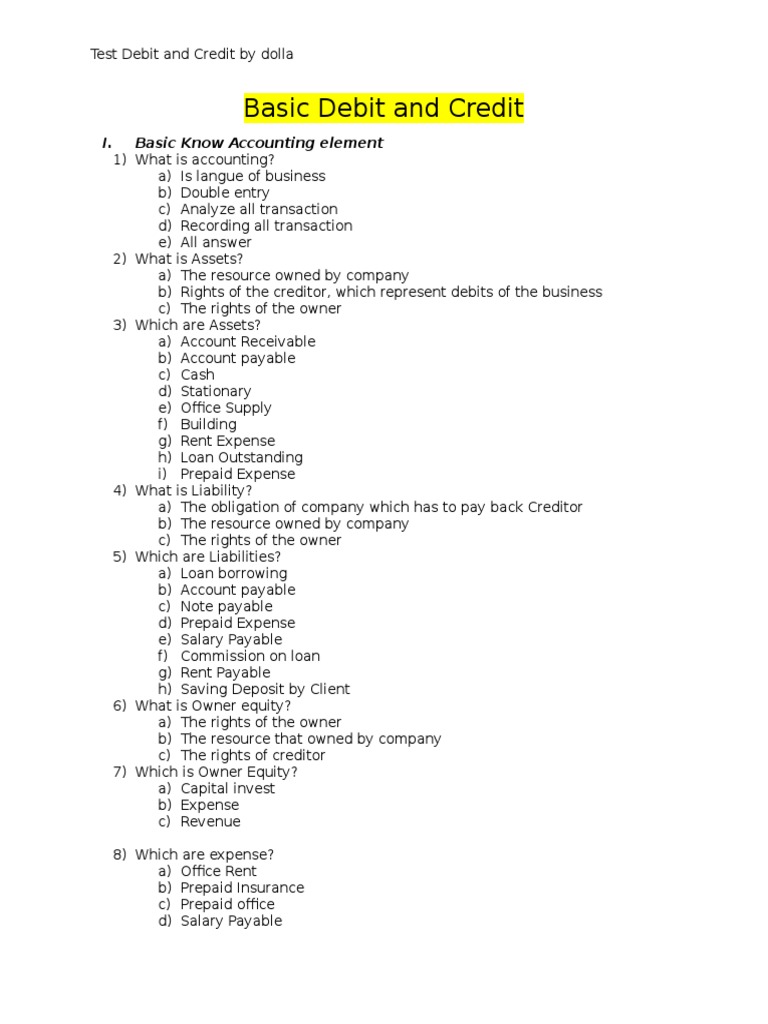Sample Quiz For Basic Debit and Credit | PDF | Debits And Credits | Expense
