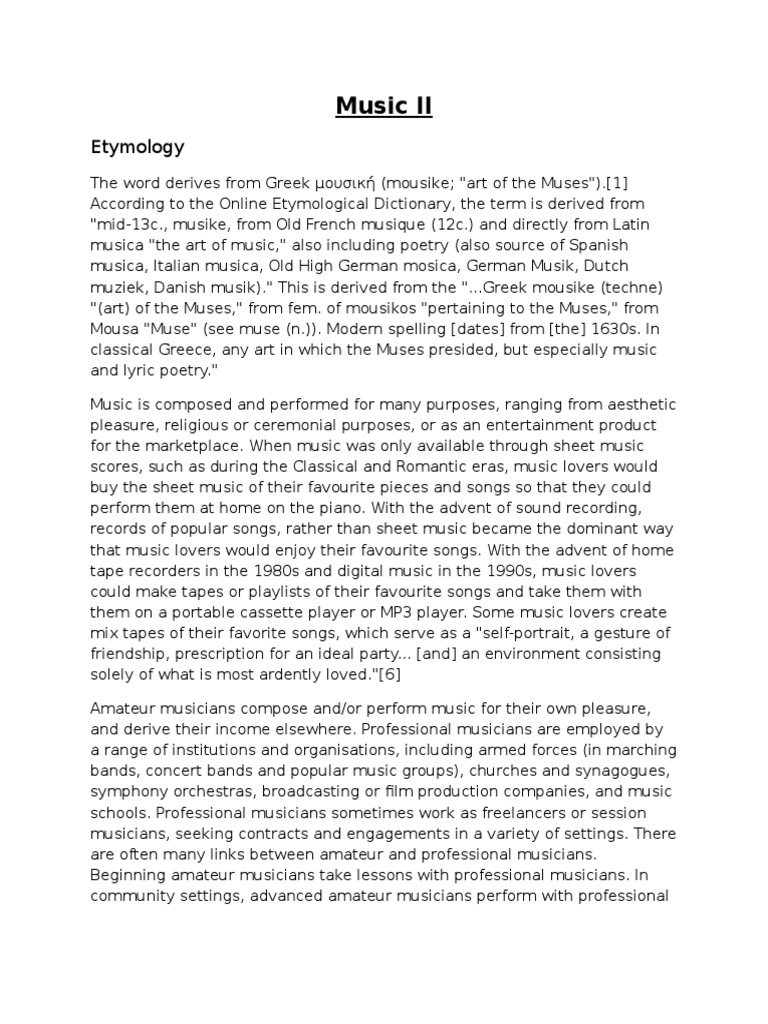Music II Etymology PDF Performing Arts Entertainment