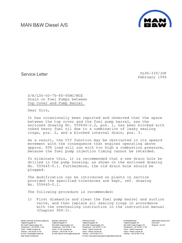 SL96339 B&W Service letter Pump Diesel Engine