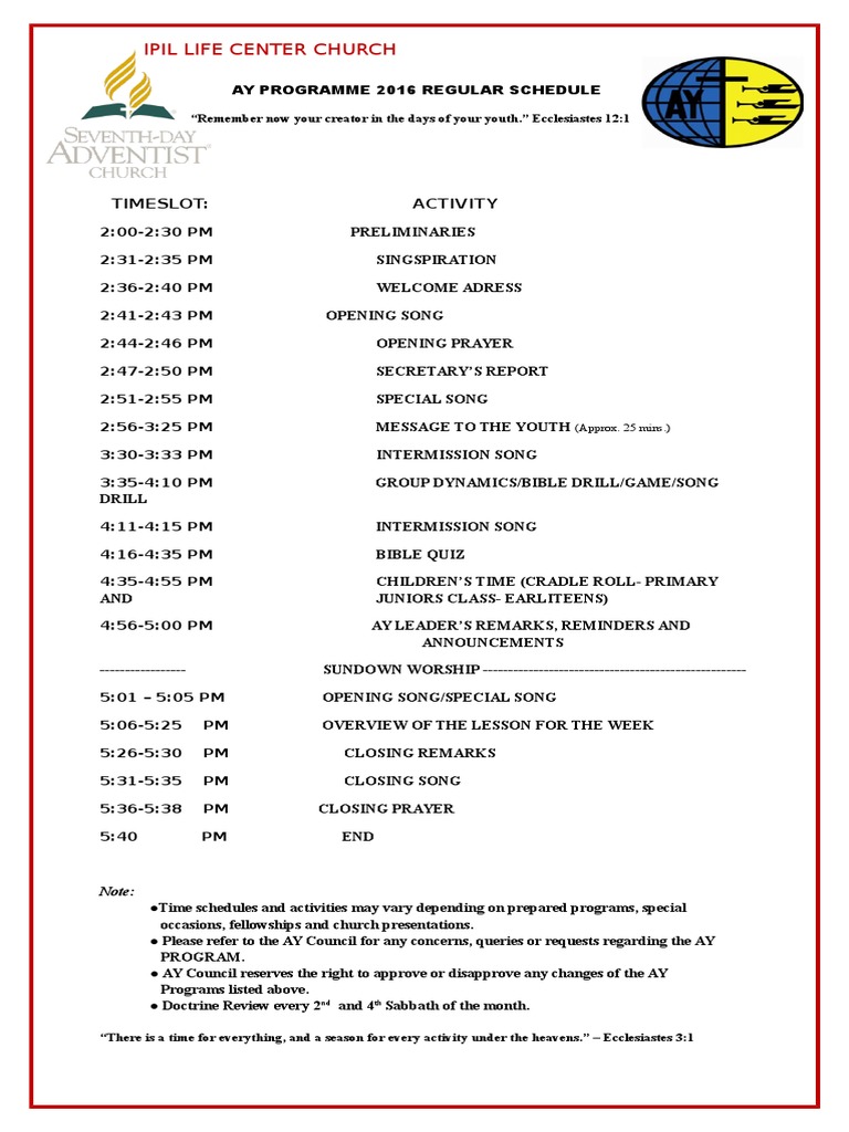 Ay Programme 2016 Schedule Proposal