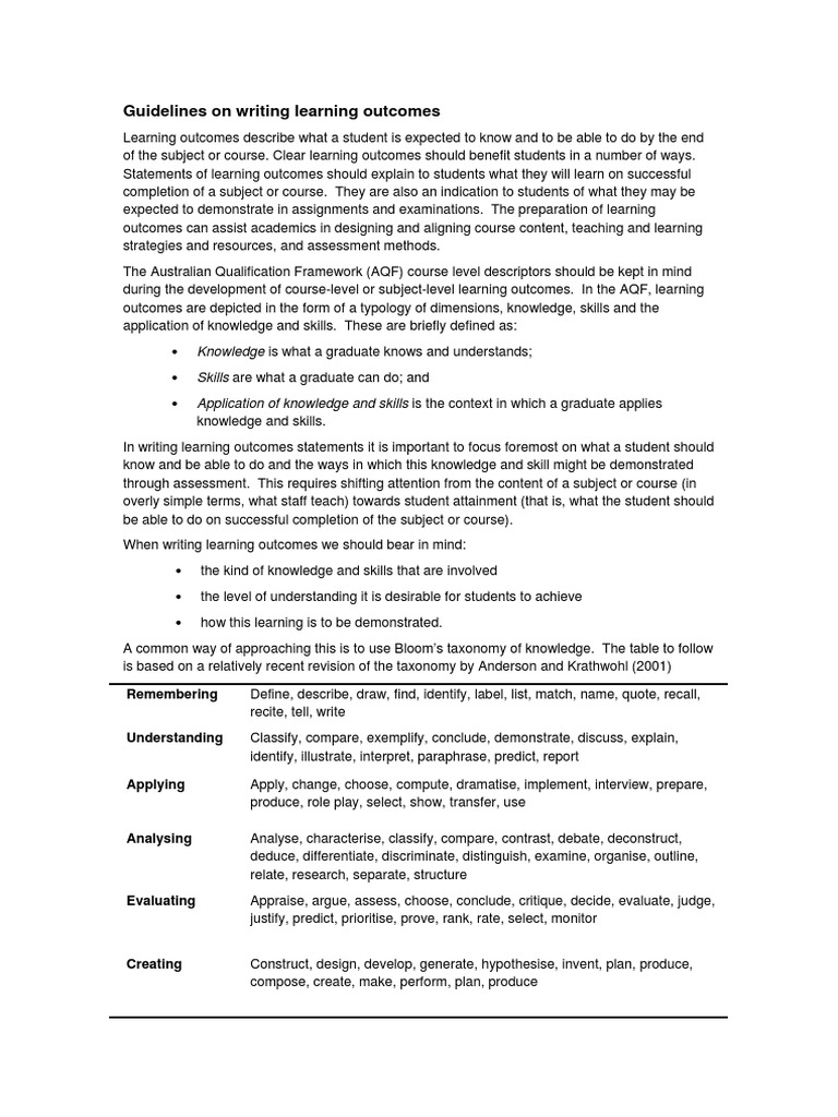 Guidelines On Writing Learning Outcomes | PDF | Educational Assessment ...