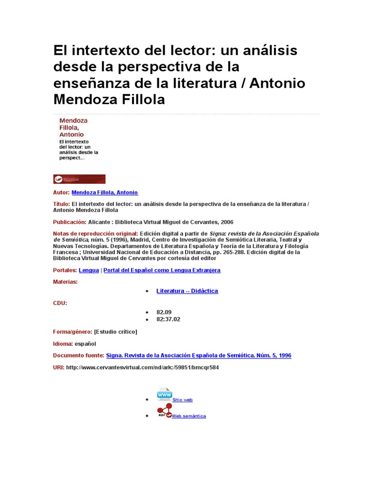 Intertexto del lector en la enseñanza literaria | PDF ...