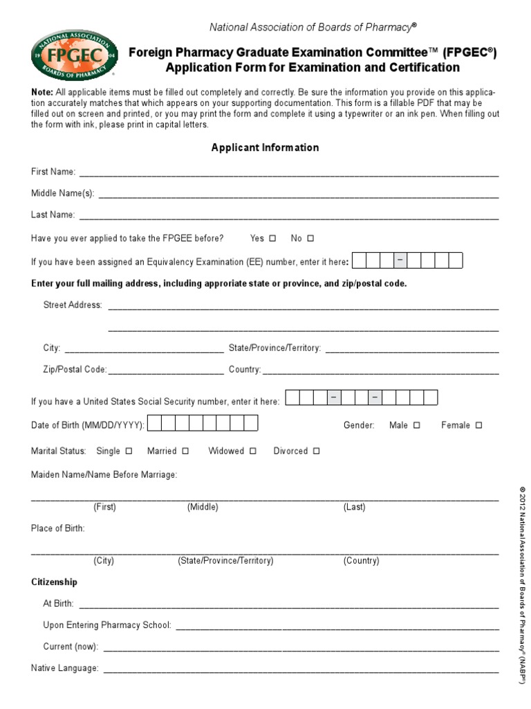 Fpgec Application PDF Pharmacist Licensure