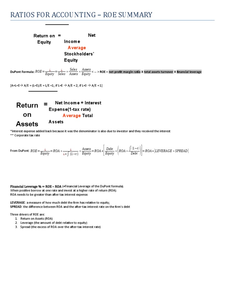 ROE and ROA Ratios For Accounting Summary PDF Revenue Leverage