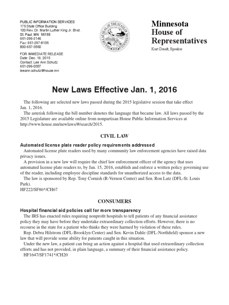 MN laws effective Jan. 1, 2016 United States House Of Representatives