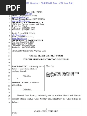 Lowery V Spotify Class Action Complaint Royalty Payment Copyright Law Of The United States