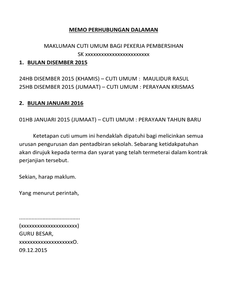 contoh memo bahasa melayu