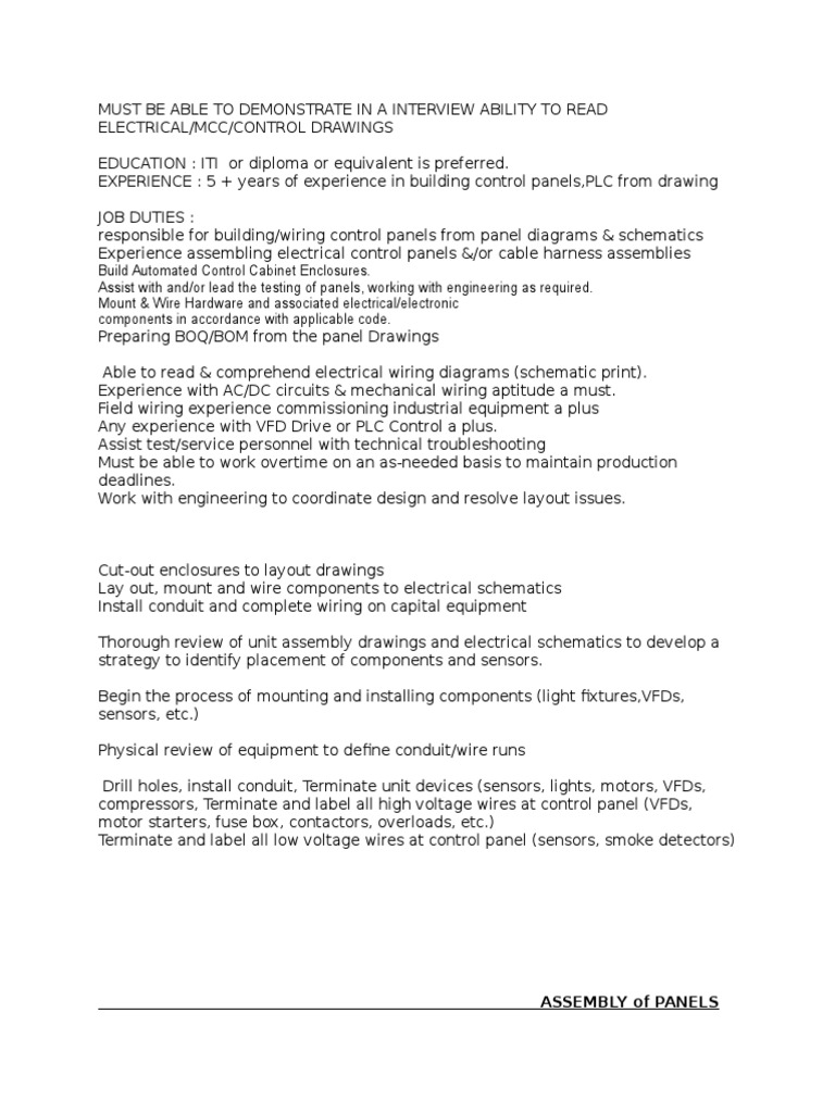 Panel Assembly Jobs PDF Electrical Wiring Electricity