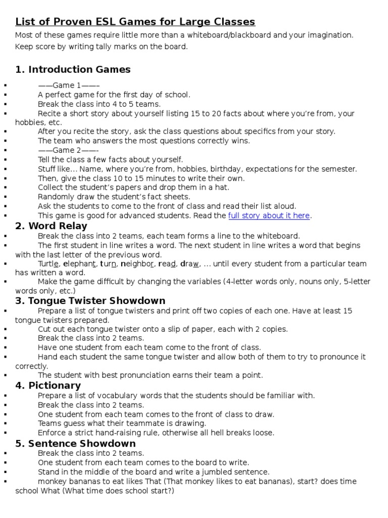 List Of Proven ESL Games For Large Classes PDF English As A Second