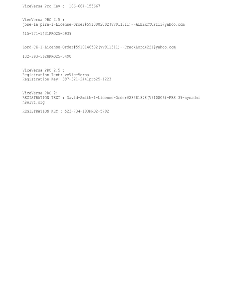 ViceVersa Pro License Keys List | PDF