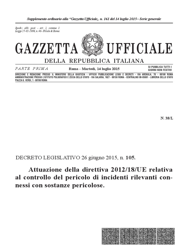 Seveso 3 Decreto Legislativo 26 Giugno 2015, n. 105