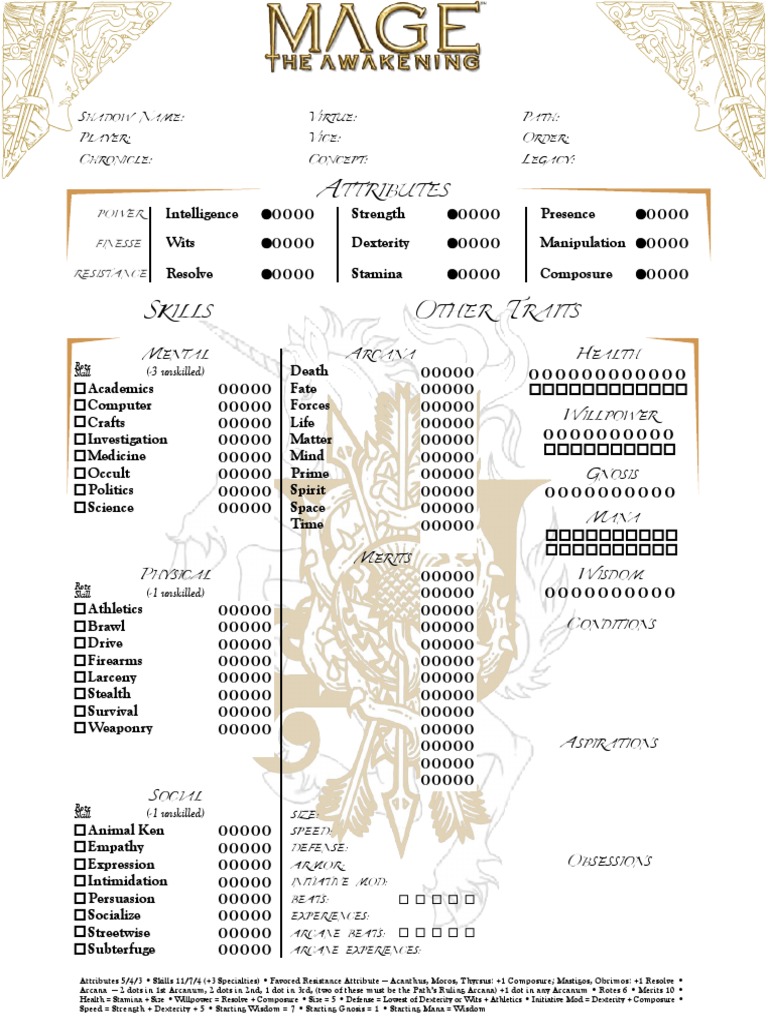 Mage The Awakening Acanthus Character Sheet GMC PDF Role Playing
