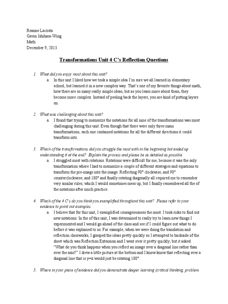 Transformations Unit 4 C's Reflection Questions | PDF | Learning ...